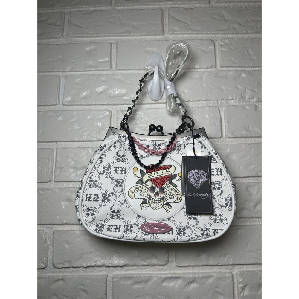 Ed Hardy "Love Kills Slowly" Kiss Lock Shoulder Purse White Gray~Y2K~NWT
